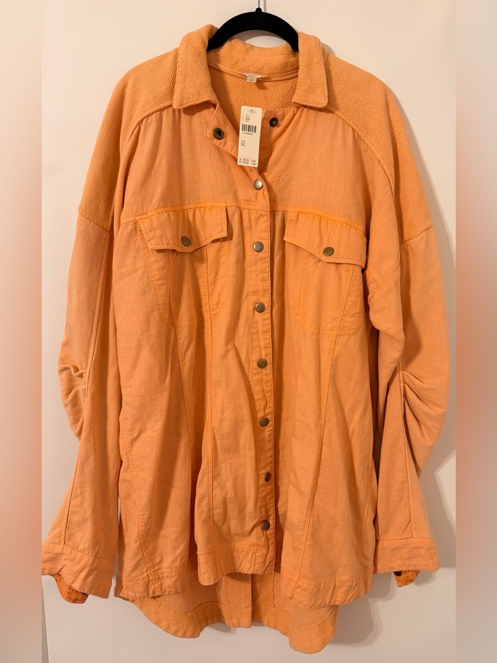 NWT Pilcro Anthropologie Mixed Media Shirt Jacket Peach Ruched Sleeve Shacket XL